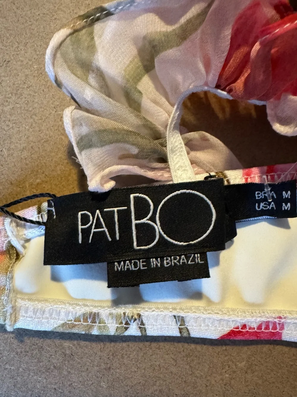 PatBO Floral Ruffle Strap Bikini Top in White and Pink